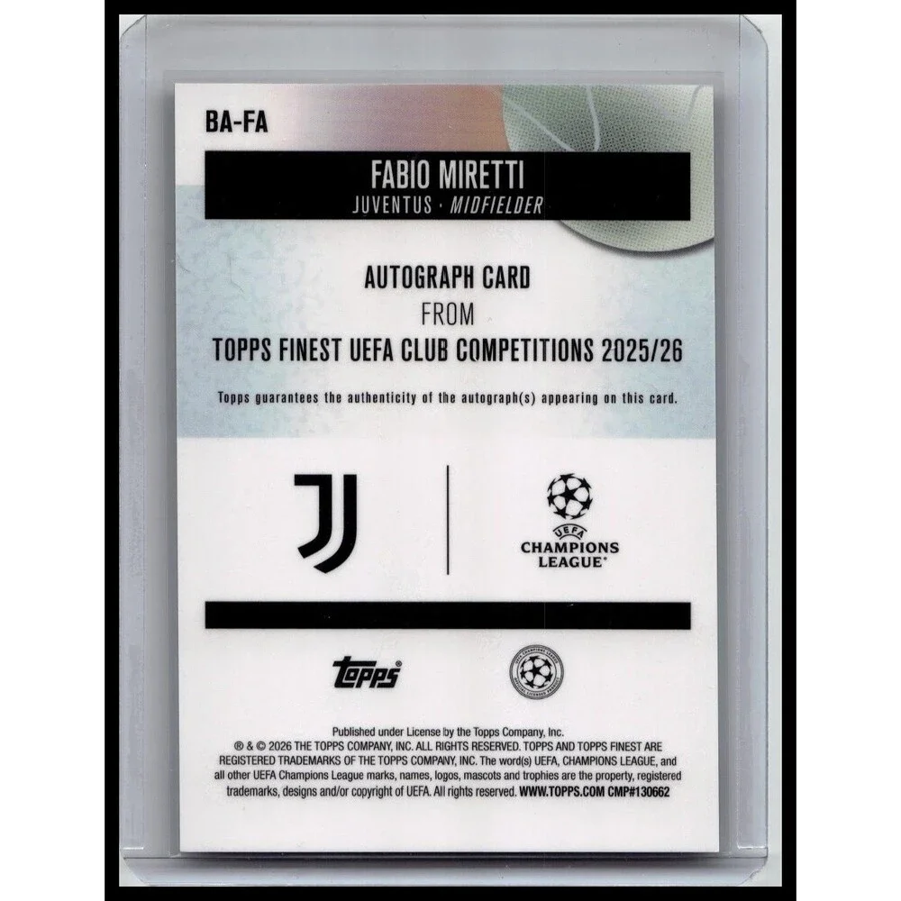 2025-26 Topps Finest UEFA Club ~ Fabio Miretti #BA-FA ~ Autograph ~ Juventus